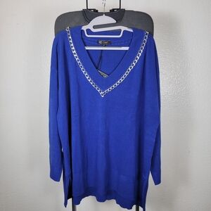 DG2 by Diane Women's Lux Knit Chain Trim V-Neck Sweater Blue Size 2X